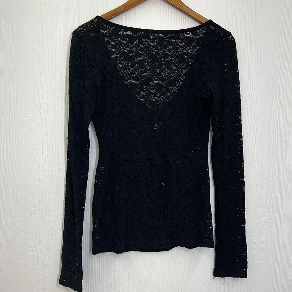 Free People - In Your Arms Black Lace Knotted Front Long Sleeve Blouse Size SM